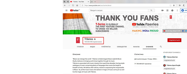 Индийский YouTube-канал побил все рекорды по числу подписчиков 